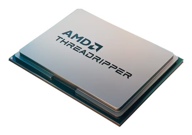 Silver and black AMD Ryzen Threadripper 7980X processor with a sleek design, featuring a prominent AMD logo and "THREADRIPPER" text on the top surface.
