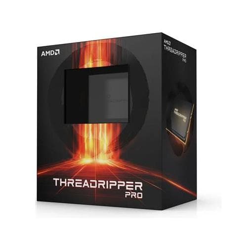 Black and orange packaging for the AMD Ryzen Threadripper PRO 5955WX Processor, featuring a sleek design with the product name prominently displayed on the front.