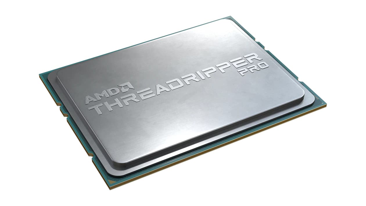 Silver rectangular processor with "AMD THREADRIPPER PRO" engraved on top, featuring a green base and a sleek, metallic finish.
