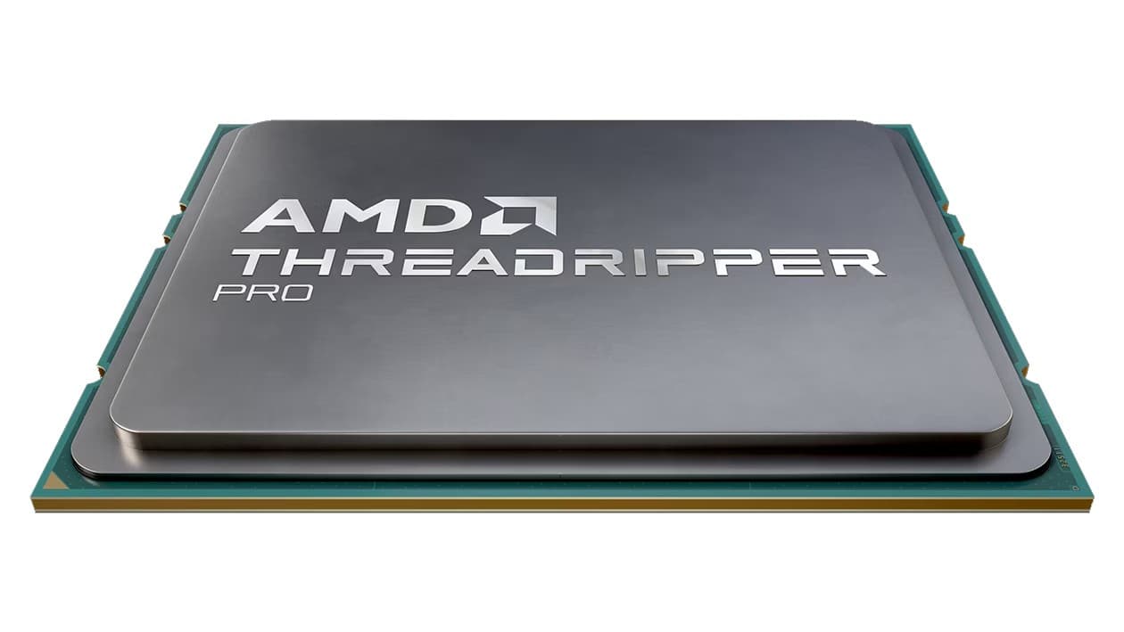 Silver AMD Ryzen Threadripper PRO 7965WX processor with a sleek metallic finish, featuring the AMD and THREADRIPPER logos prominently displayed on the top surface.