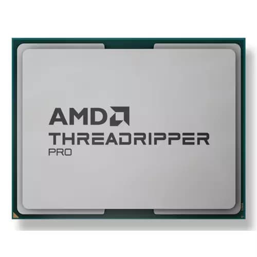 Silver and green AMD Ryzen Threadripper PRO 9955WX processor featuring a large, flat surface with the AMD logo and "THREADRIPPER PRO" text prominently displayed.