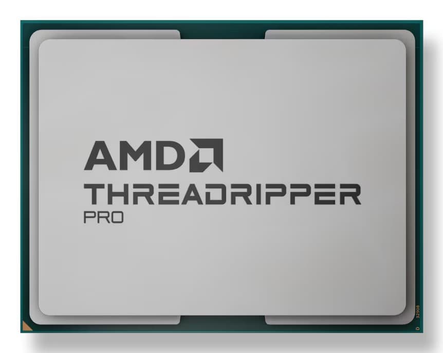 Silver and green AMD Ryzen Threadripper PRO 9965WX processor with a prominent black logo and text, featuring a rectangular shape and multiple pins on the underside.
