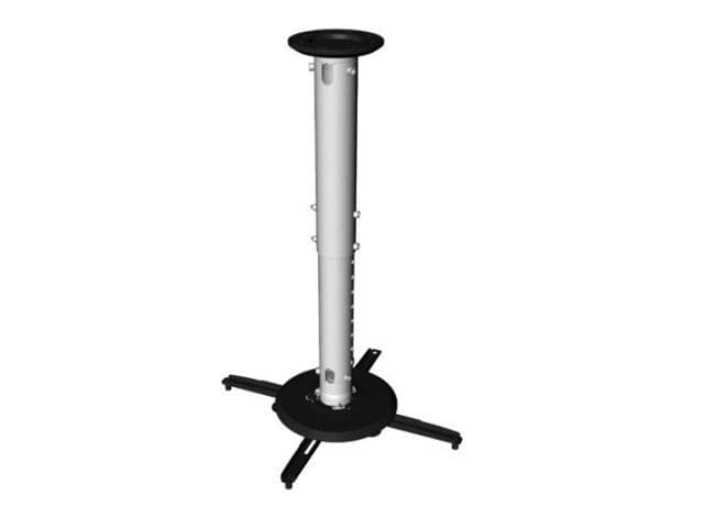 Height adjustable heavy-duty ceiling projector mount in silver and black, featuring a sturdy base with four legs and a vertical pole with multiple adjustment holes.