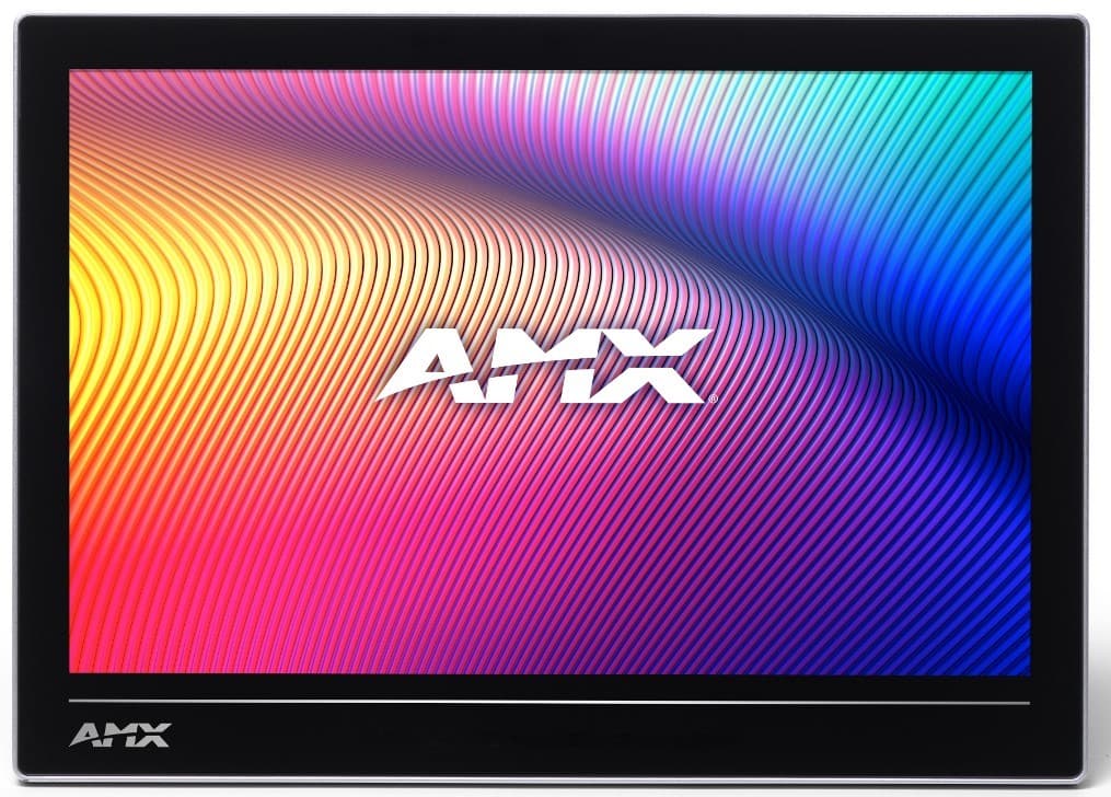 10.1-inch touch panel with a vibrant, multicolored wave pattern background and a prominent white AMX logo at the center, featuring a sleek black bezel.