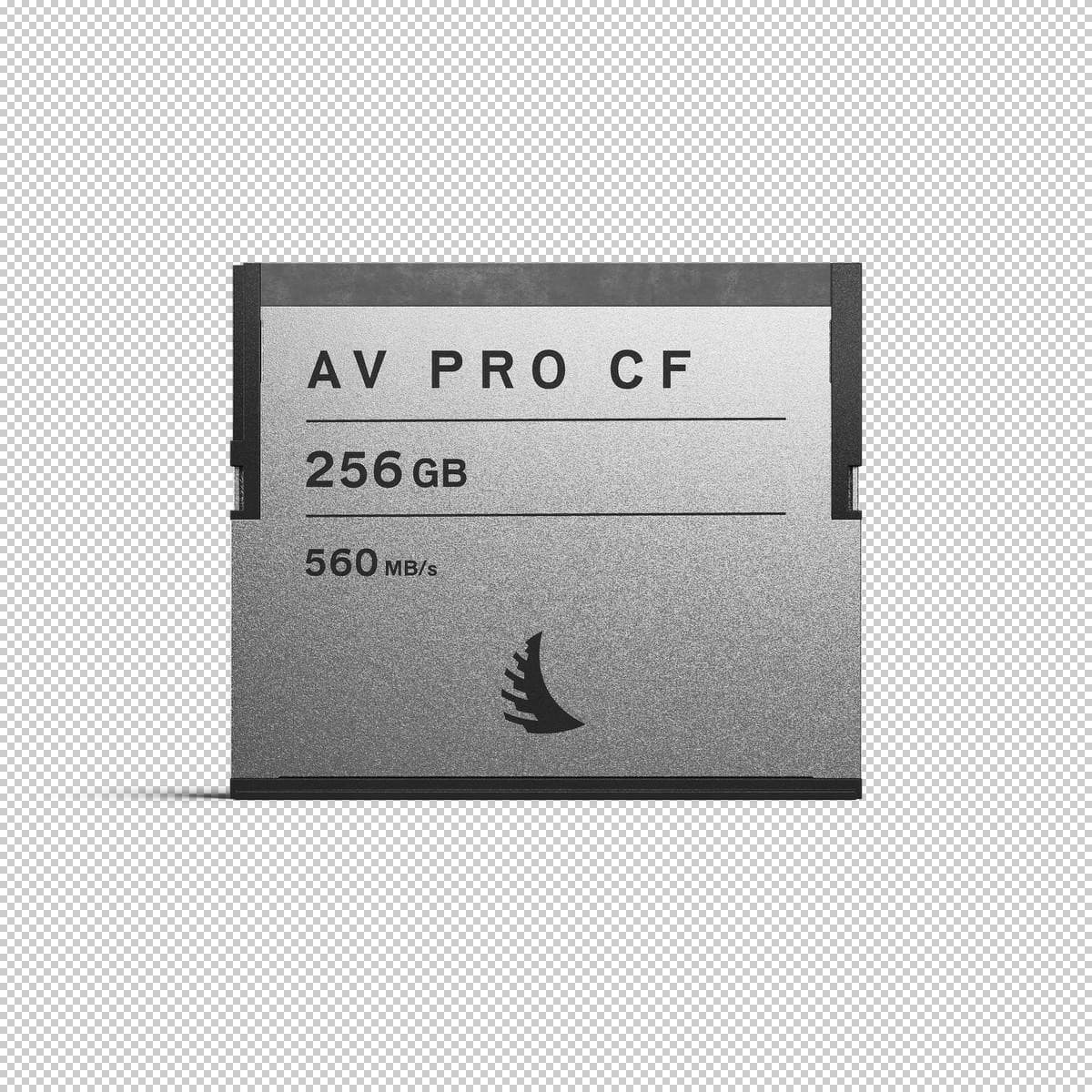 Silver CFast 2.0 memory card with "AV PRO CF" and "256GB" printed on the front, featuring a sleek design and a speed rating of 560 MB/s.