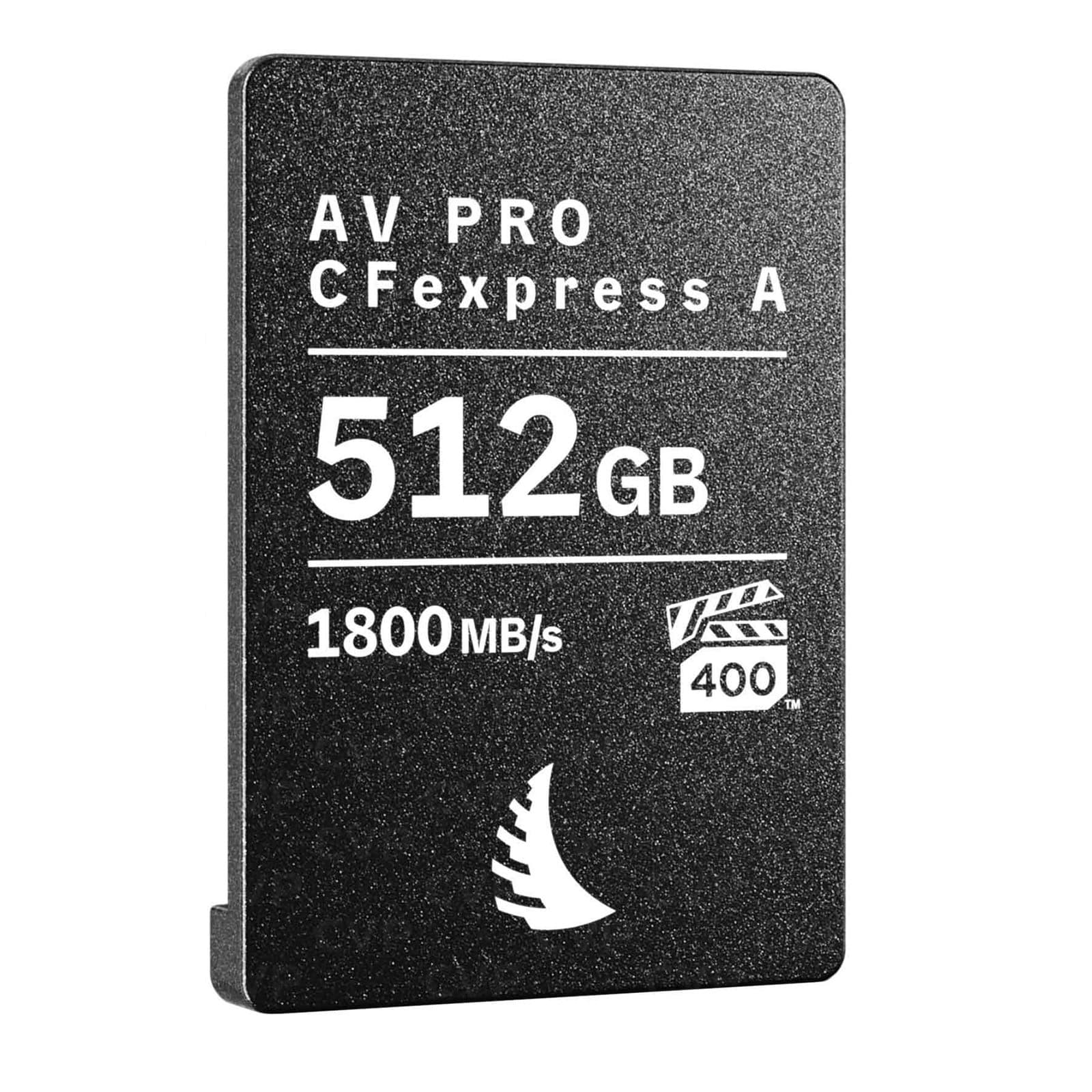 Black CFexpress Type A card with a textured surface, featuring white text indicating "AV PRO CFexpress A," "512GB," and "1800MB/s" with a film icon and speed class 400 logo.
