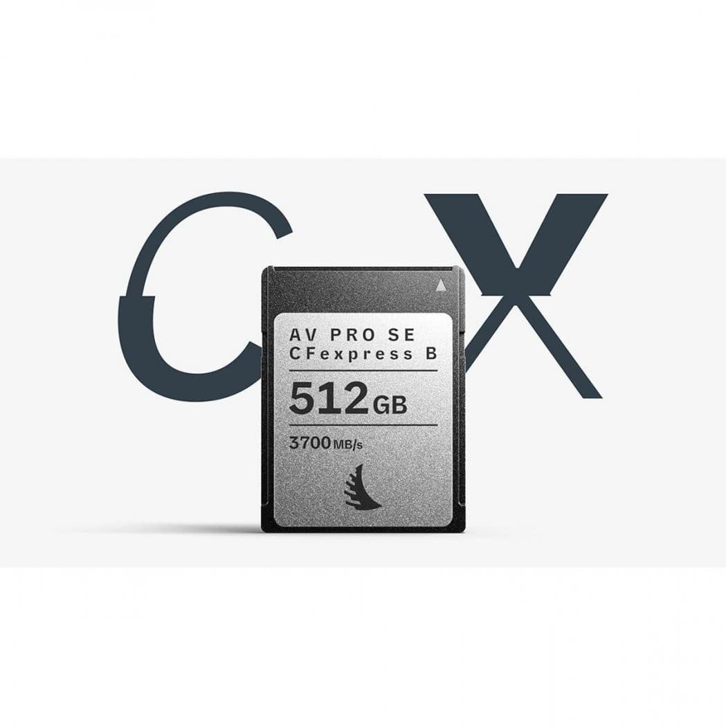 Silver CFexpress B memory card with a capacity of 512GB, featuring a sleek design and a maximum read speed of 3700MB/s, highlighted against a minimalist background.