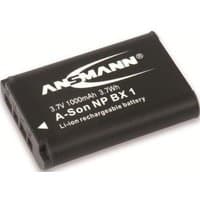 Black Ansmann A.Son NP BX1 Li-ion rechargeable battery, 3.7V, 1000mAh, with white text and logo on top.