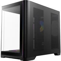 Black Antec Midi Tower computer case with tempered glass side panel and sleek, minimalist design.