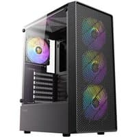Antec AX26 RGB Elite gaming PC case with tempered glass side, mesh front, and four 120mm RGB fans.