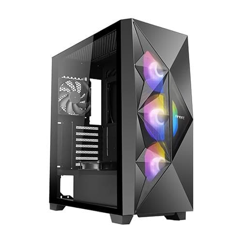 Black MIDI tower case featuring a tempered glass side panel, three RGB fans in a geometric design, and ample space for components and cooling.