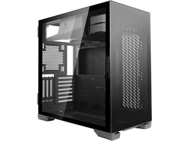 Black MIDI tower case with tempered glass side panel, featuring a sleek design, ventilation mesh, and multiple interior mounting options for components.