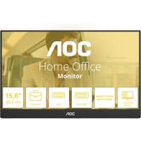 Black AOC portable monitor, 15.6" LED display, 1920x1080 resolution, slim bezel, showing home office interface.