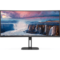 AOC V5 CU34V5C 34" UltraWide Curved Monitor, black frame, WQHD display, 100Hz, 1ms response, USB-C connectivity.
