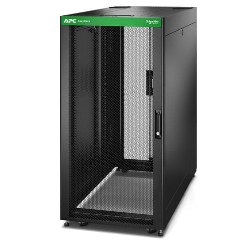 Black 24U APC Easy Rack with a roof, castors, feet, and four brackets, featuring a mesh door for ventilation and a sturdy design for equipment storage.