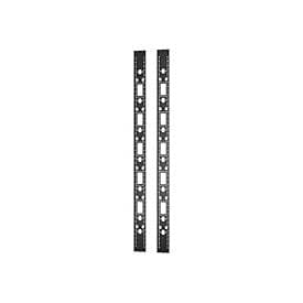 Black metal vertical accessory channels designed for 48U racks, featuring multiple mounting holes for easy installation, sold in a quantity of two.