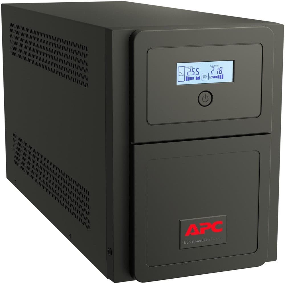 Black APC Easy Ups SMV 750VA 230V uninterruptible power supply with a digital display, power button, and ventilation grilles on the sides.