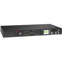 Black APC Netshelter 1U rack transfer switch with LED indicators, 15A, 100/120V input, 10 5-15R outputs, network ports.