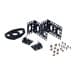 Black metal rack mounting kit components including brackets, screws, and a circular spacer, designed for specific APC UPS models.