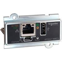 APC Network Management Card with Ethernet ports, reset button, and LED indicators on a metallic frame.