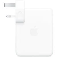 White Apple 140W USB-C Power Adapter with foldable prongs and embossed Apple logo on the front.