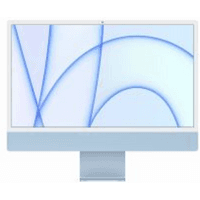 Blue Apple iMac 2021 with 24-inch 4.5K display, slim design, and integrated stand.