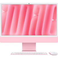 Pink Apple iMac 2024 with 24-inch 4.5K display, slim design, matching keyboard and mouse, all-in-one PC.