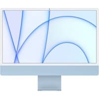 Blue Apple iMac 24in M1 with sleek design, thin bezels, and 256GB storage, featuring a vibrant display and minimalist stand.