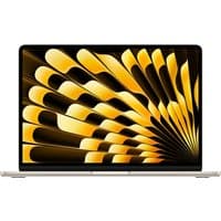 Beige Apple MacBook Air laptop with 13.6" display, sleek design, and vibrant abstract yellow pattern on screen.
