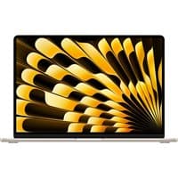 Beige Apple MacBook Air with 15.3" display, sleek design, thin bezels, and vibrant abstract screen pattern.