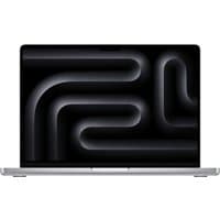 Silver Apple MacBook Pro 14-inch with sleek design, black keyboard, and dark screen displaying abstract pattern.