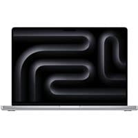 Silver Apple MacBook Pro 16-inch with sleek design, black keyboard, and large display showing abstract dark pattern.
