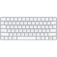 White Apple Magic Keyboard, compact design, QWERTY layout, USB and Bluetooth connectivity, US English keys.