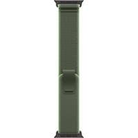 Green Apple watch band with titanium connectors, woven polyester, spandex, nylon blend, adjustable loop closure.