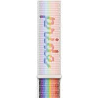 Multicolour nylon Apple watch band with rainbow vertical stripes and white connectors.