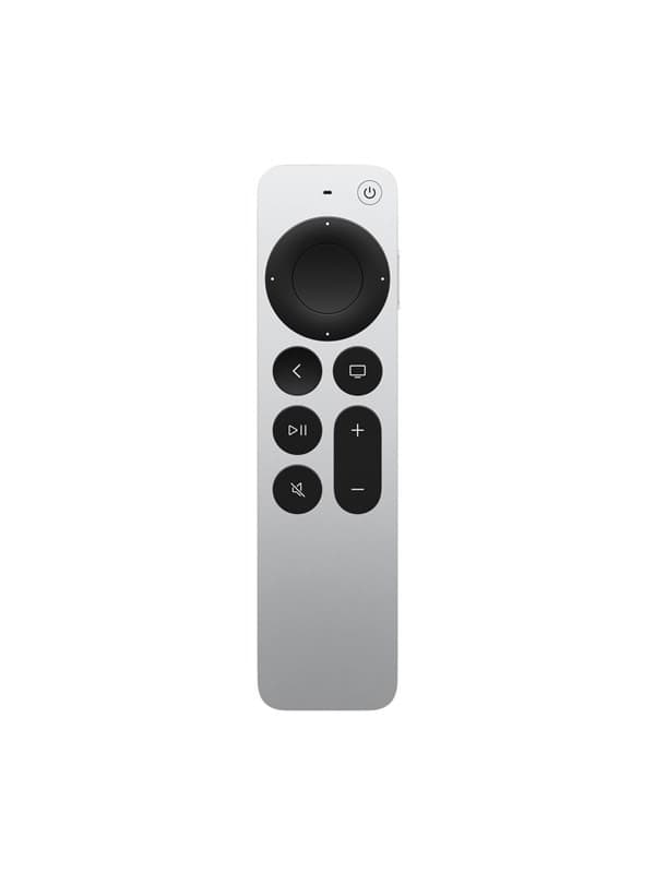 Sleek silver remote control with a circular touchpad, power button, and several function buttons for play, pause, volume, and navigation, designed for Apple TV set-top boxes.