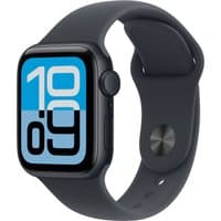 Apple Watch SE 3 GPS 40mm with Midnight Aluminium Case, dark sport band, and bold blue numerals on display.