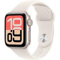 Apple Watch SE 3 GPS 40mm with Starlight Aluminium Case, beige sport band, and digital display showing time.