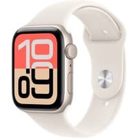 Apple Watch SE 3 GPS 44mm with Starlight Aluminum Case, digital display, and soft beige sport band.
