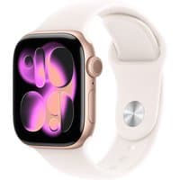 Apple Watch Series 11, 42mm rose gold aluminum case, light blue band, digital display with colorful abstract design