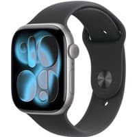 Apple Watch Series 11 GPS, 46mm space grey aluminum case, black sport band, sleek touchscreen display.