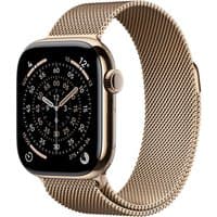 Apple Watch Series 11, 42mm gold titanium case, gold mesh band, black dial with digital display.