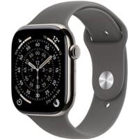 Apple Watch Series 11, 42mm natural titanium case, black sport band, digital crown, and sleek rectangular display.
