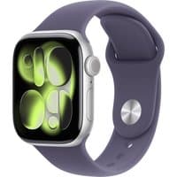 Apple Watch Series 11, 42mm silver aluminum case, purple band, vibrant display with abstract green design.