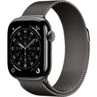 Apple Watch Series 11, 42mm slate titanium case, black mesh band, digital display with analog-style watch face.