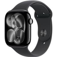 Apple Watch Series 11, 46mm Jet Black Aluminium Case, black sport band, sleek rectangular display, digital crown.