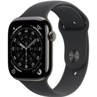 Apple Watch Series 11, 46mm slate titanium case, black sport band, digital crown, and rounded rectangular display.