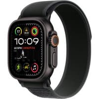 Apple Watch Ultra 2, black titanium case, black Trail Loop band, colorful display, GPS + Cellular, 49mm size.