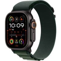 Apple Watch Ultra 2, 49mm black titanium case, dark band, colorful display with time and activity icons.