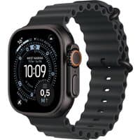 Apple Watch Ultra 3, 49mm black titanium case, black band, GPS + Cellular, digital display with orange accent button.